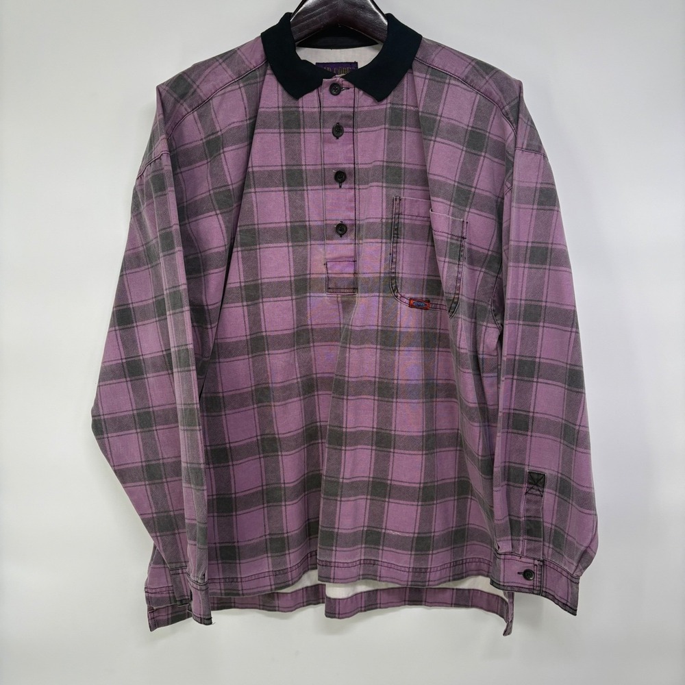 Vintage Zip Code Purple Plaid Long Sleeve Polo Shirt Mens XL Cotton Heavyweight